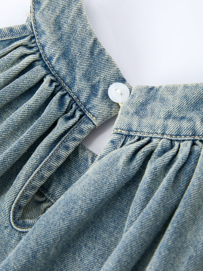 Girls Denim Ruffle Trim A-Line Dress