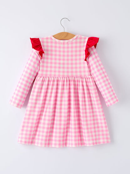 Valentine Pink Plaid Girls Dress with Horse & Heart Smocking Embroidery