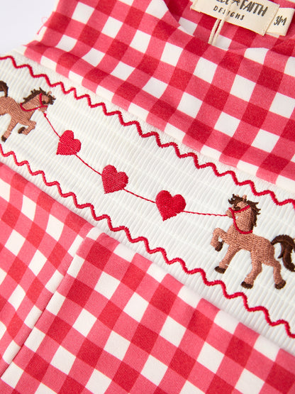 Valentine's Day Plaid Heart Embroidered Pony Boys' Romper