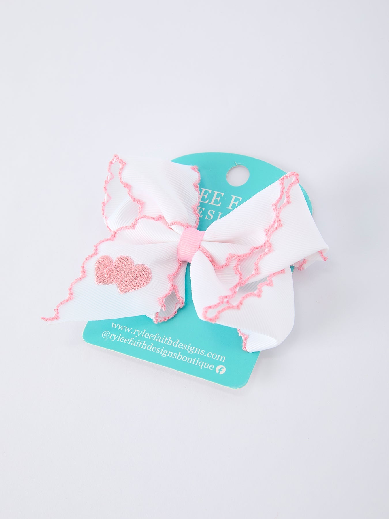 Valentine's Day Heart Embroidered White Girls Bow Hairpin 4 Inch