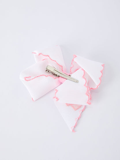 Valentine's Day Heart Embroidered White Girls Bow Hairpin 4 Inch