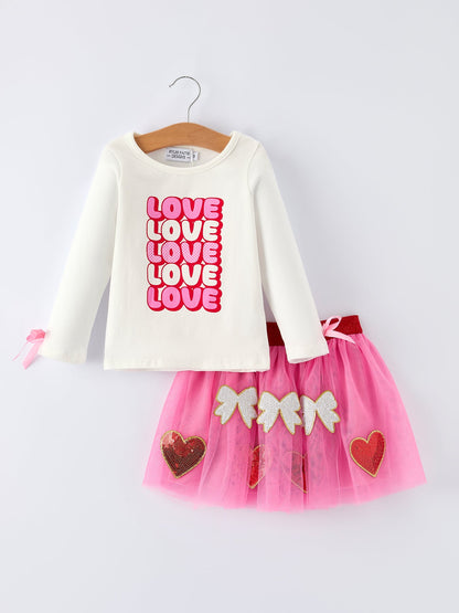 Valentine's Day Love Print Top + Girls' Tulle Skirt Set