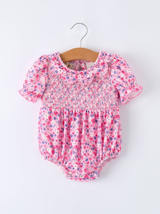 Girls Valentine's Day Floral Ruffle Smocking Baby Bubble Romper