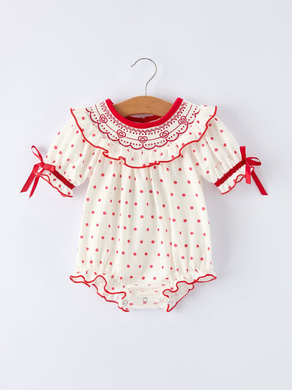 Valentine's Day Polka Dot Baby Girls Romper with Smocking Embroidery