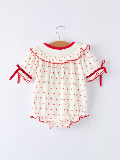 Valentine's Day Polka Dot Baby Girls Romper with Smocking Embroidery