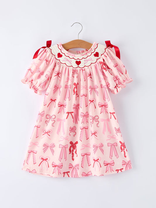 Girls' Valentine's Day Heart Bow Embroidered Dress