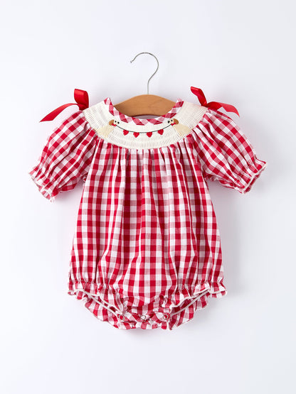 Valentine Red Plaid Romper with Smocked Heart Dog Detail and Bows