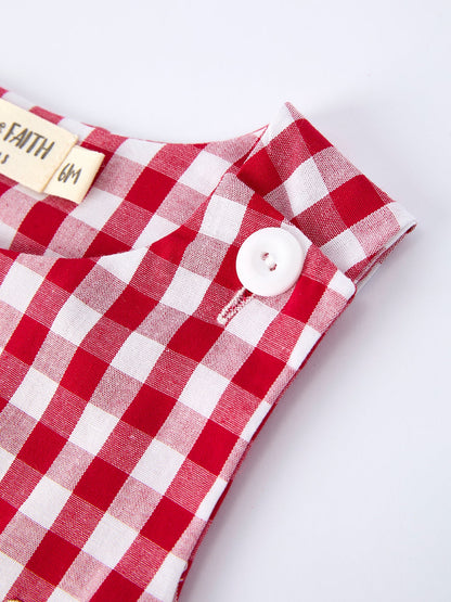 Valentine Red Plaid Boys Romper with Applique Heart Dog Detail