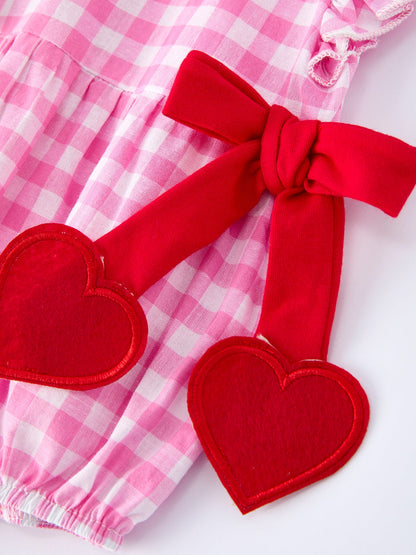 Valentine Pink Plaid Bubble Romper with Red Hearts and Bows