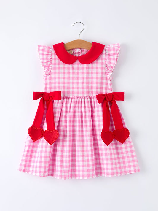 Valentine Pink Plaid Girls Dress with Red Hearts and Bows