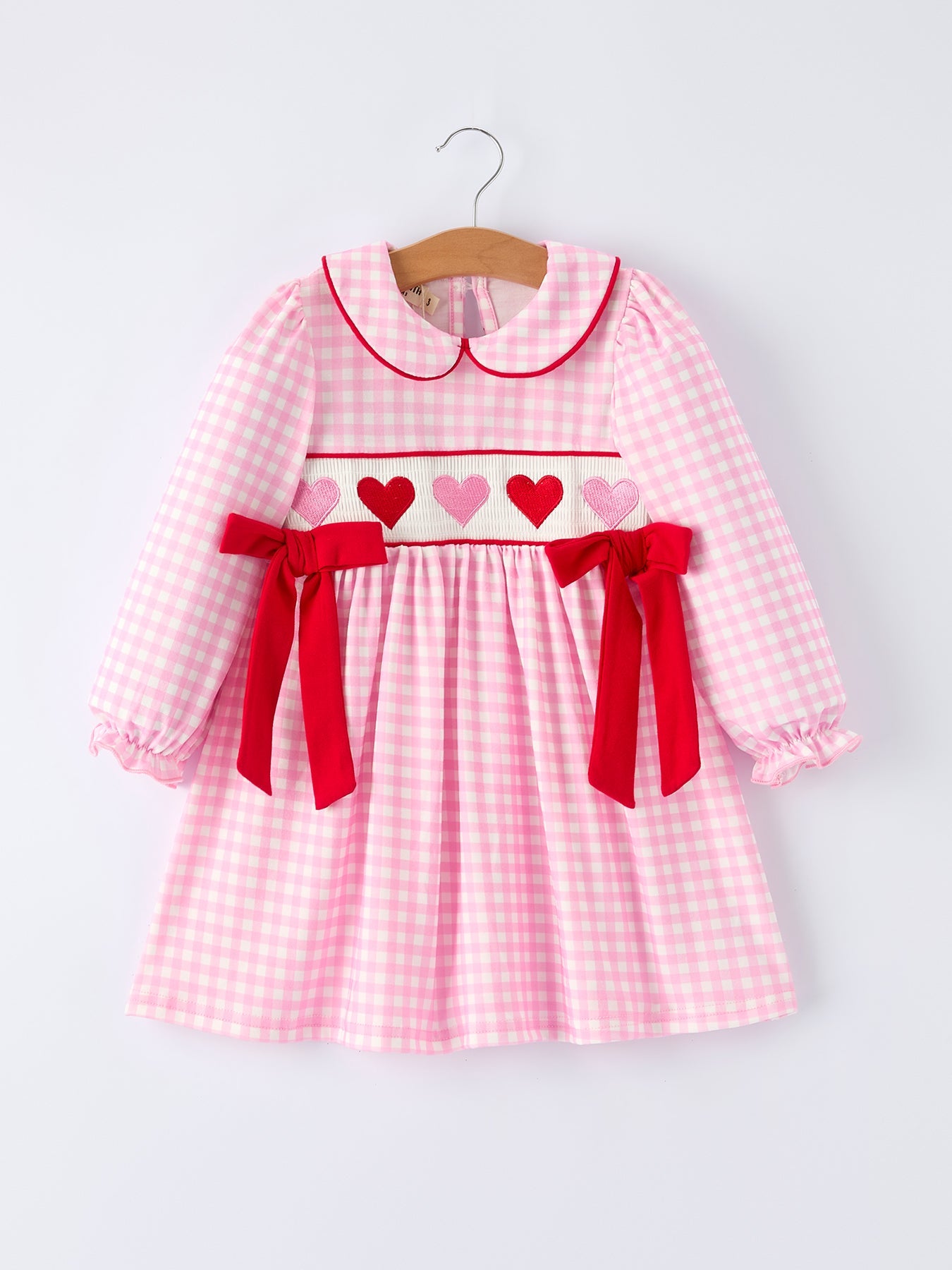 Girls' Valentine's Day Heart Smocking Embroidered Plaid Dress