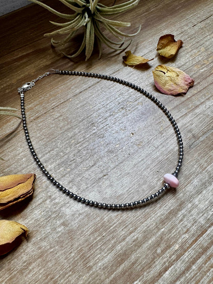 Sterling Silver Pearl Choker – Pink Conch Saucer Center – 14.5" + Extender