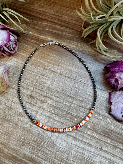 Spiny Oyster Heishi & Sterling Silver Pearl Choker