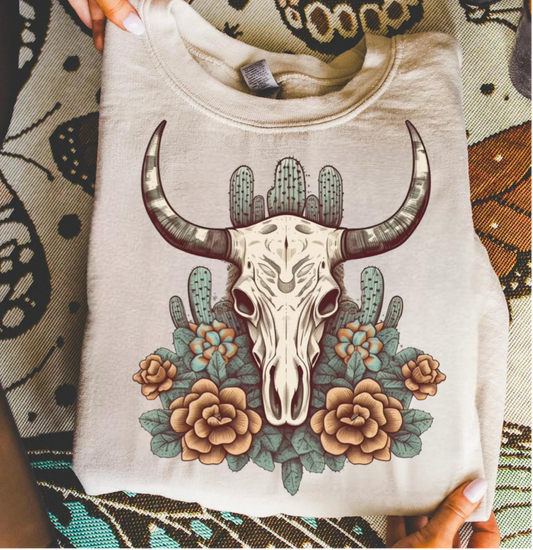 Bull Skull With Cactus & Flowers