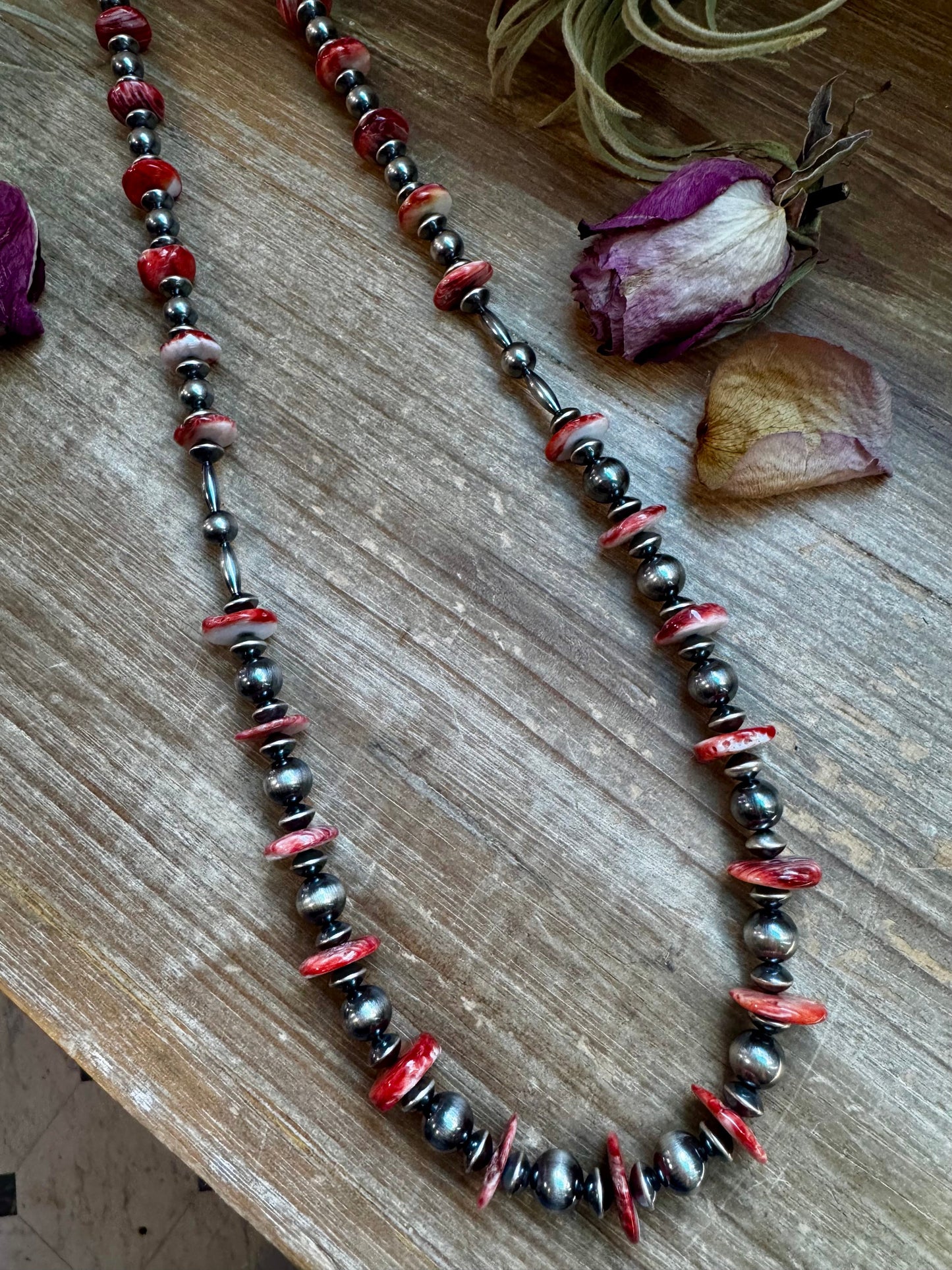 NFR Collection Necklace – Sterling Silver Torpedo Pearls with Red Spiny Oyster – Handmade by The Bijoux FAB – 39"