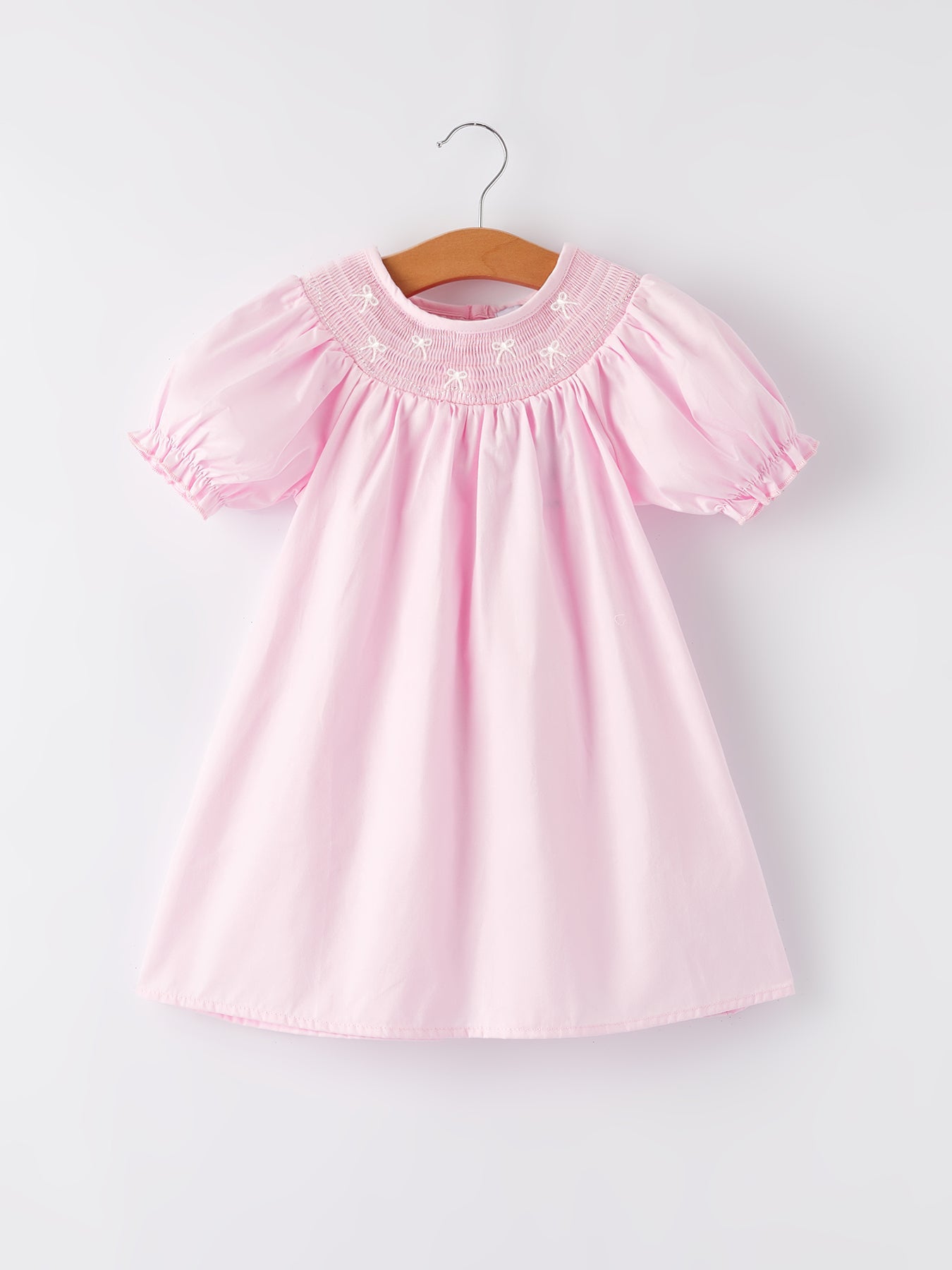 White Bow Smock Embroidered Pink Dress