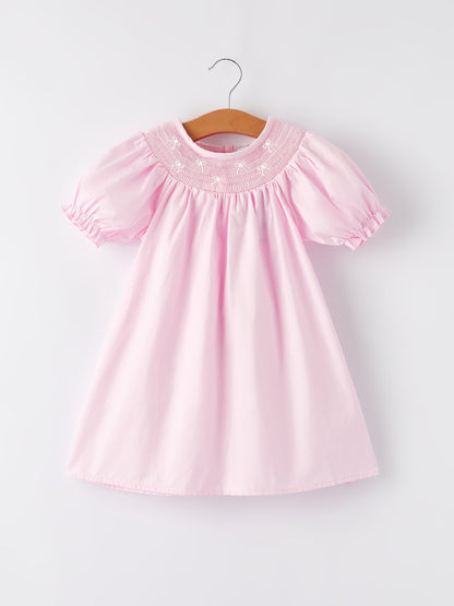White Bow Smock Embroidered Pink Dress