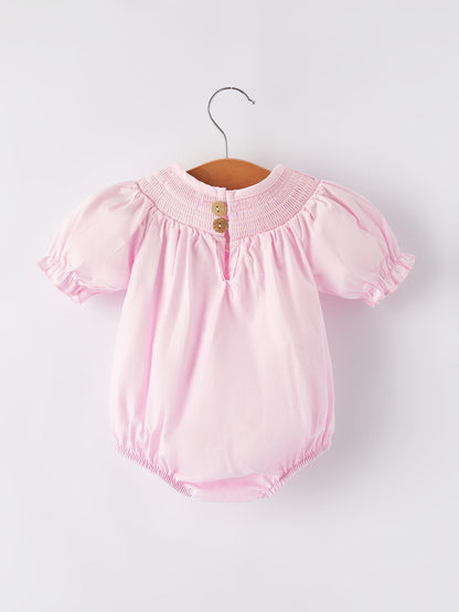 White Bow Smock Embroidered Pink Romper