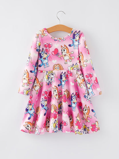Pink Print  Girls Long Sleeve Girls Twirly Dress