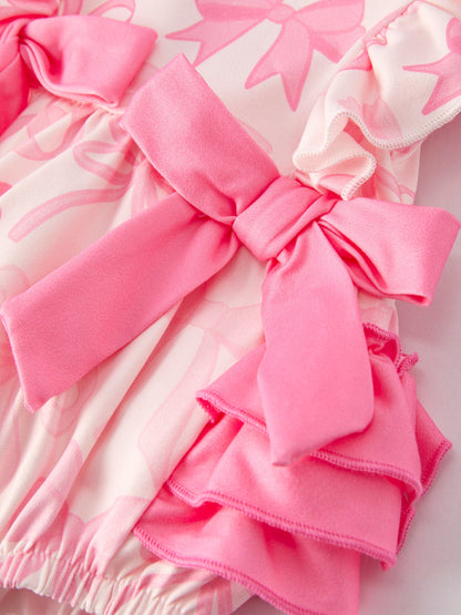 Girls Pink Bow Print Short Sleeves Romper