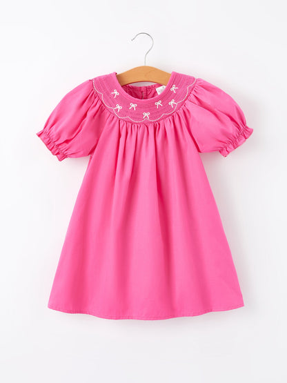 Girls Bow Smocking Embroidery Hot Pink Dress