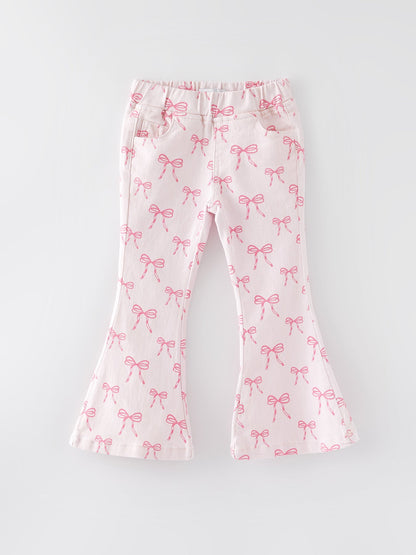 Fall Girls Pink Bow Print Elastic Flared Jeans Denim pant