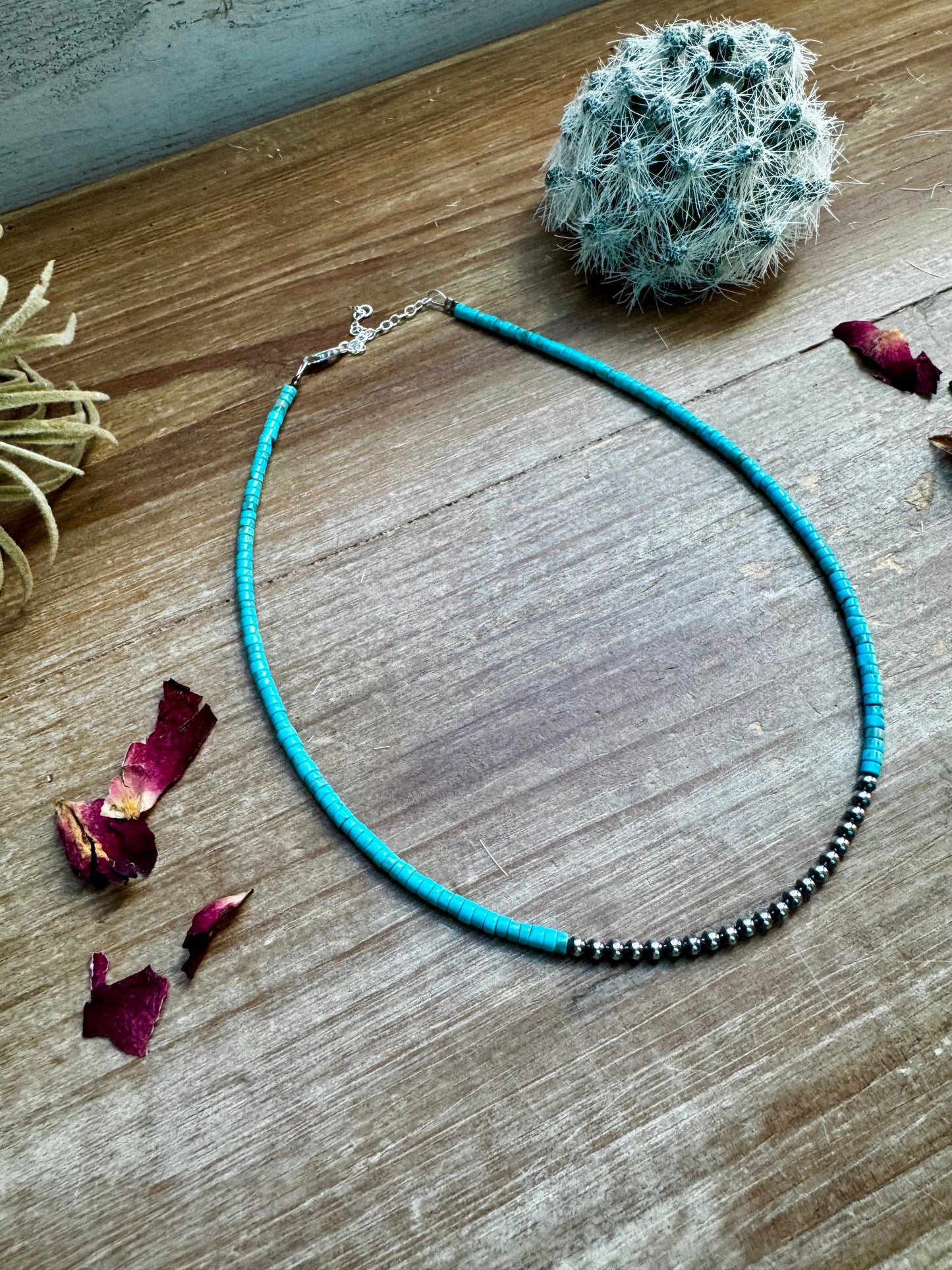 3 mm Sterling Silver Pearls choker with magnesite darker turquoise heishi - western jewelry