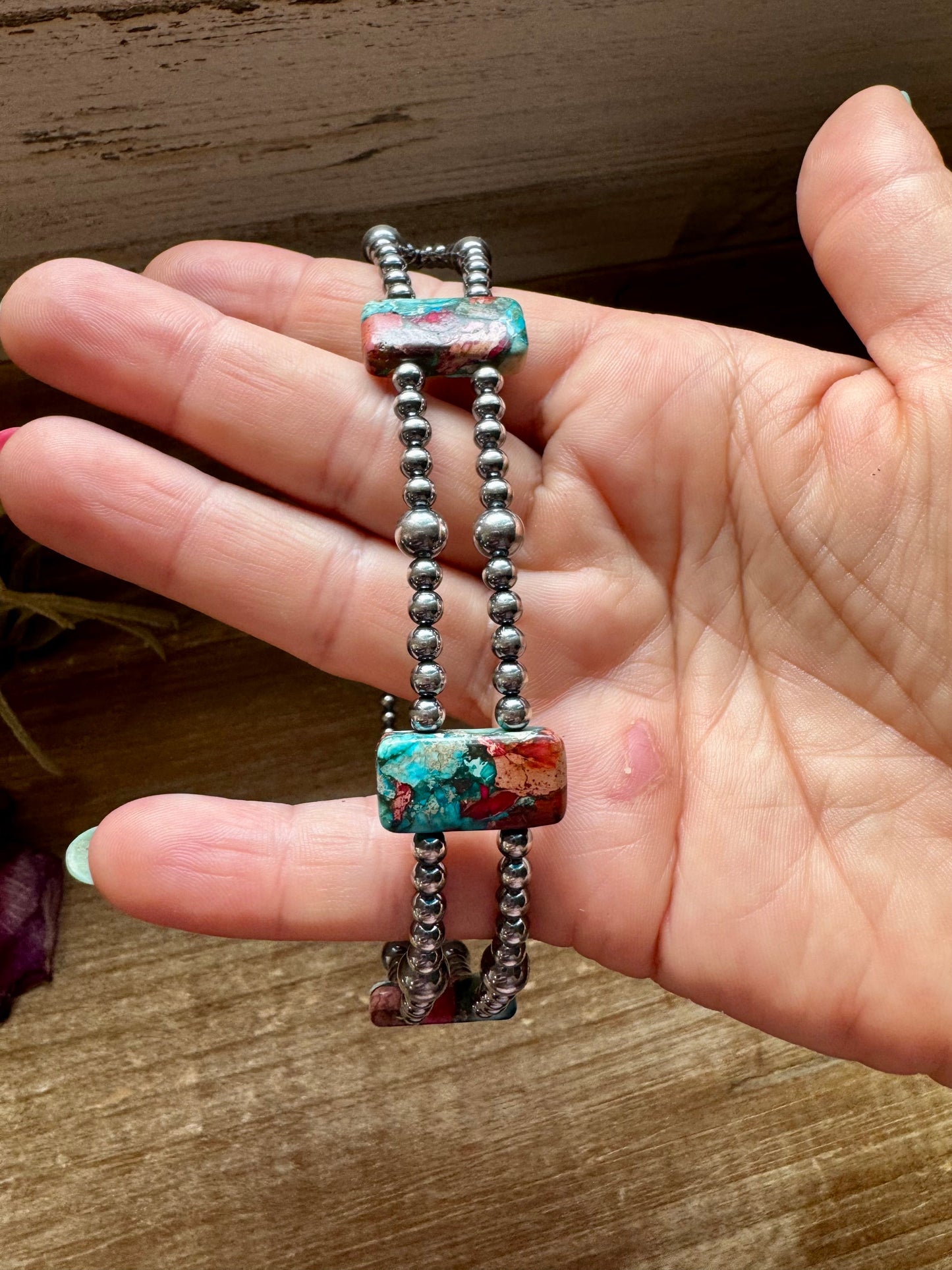 Pink/turquoise Double Strand Necklace – 13” Beaded – Sterling Silver Pearls & Rectangle Variscite