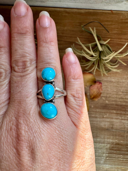 3-Stone Kingman Turquoise Ring – Size 10 Sterling Silver