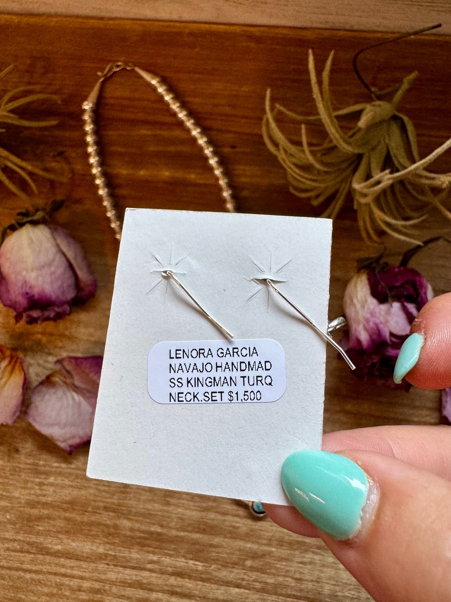 Mini Squash Blossom Necklace & Earrings – Kingman Turquoise – Sterling Silver – Native Made by Lonora Garcia – 17.5"