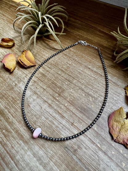 Sterling Silver Pearl Choker – Pink Conch Saucer Center – 14.5" + Extender