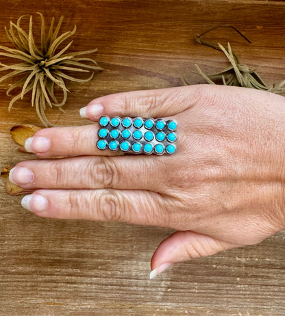 Adjustable Rectangle Ring with 21 Kingman Turquoise – Sterling Silver