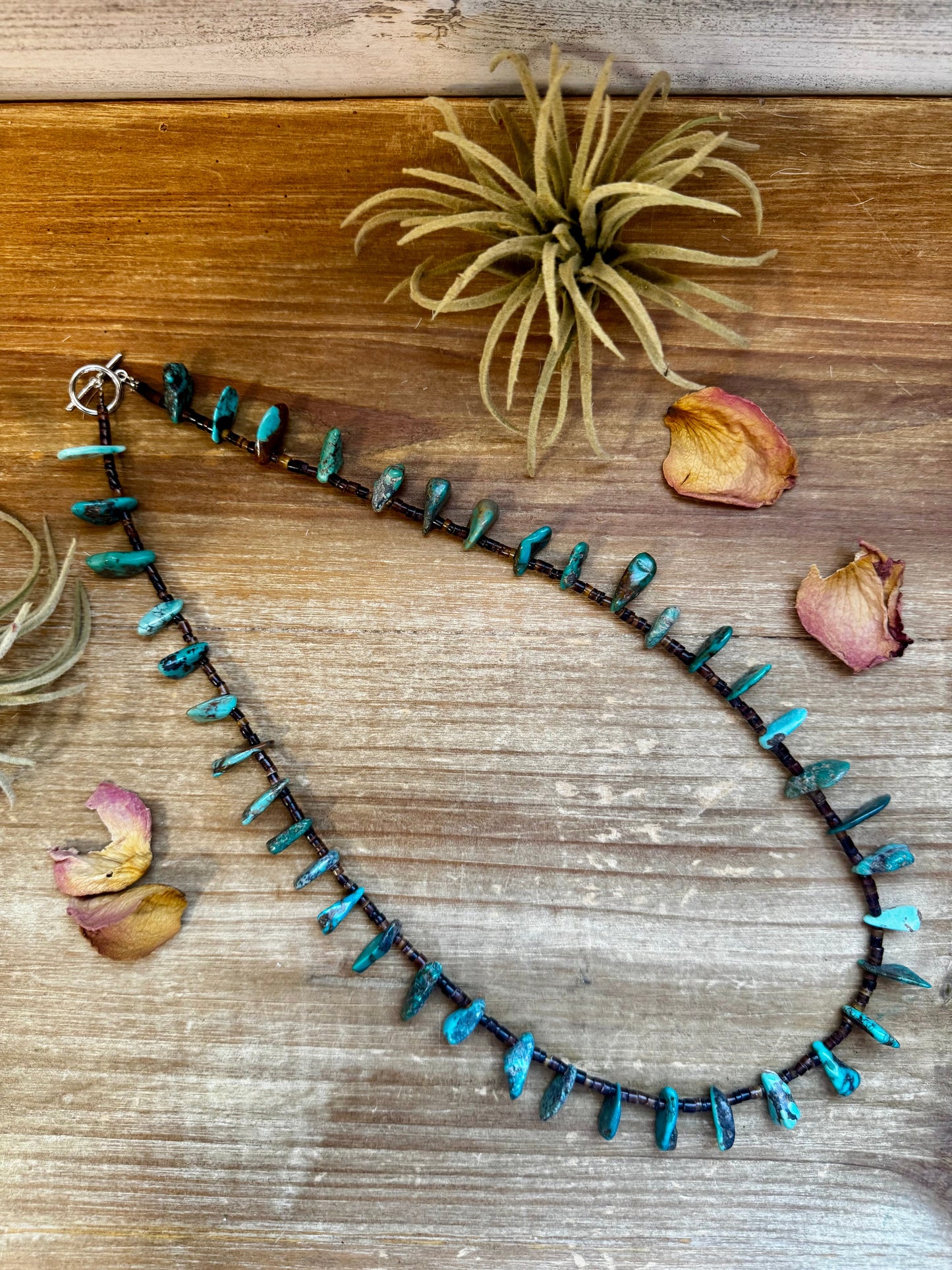 24 inch long shell and turquoise necklace