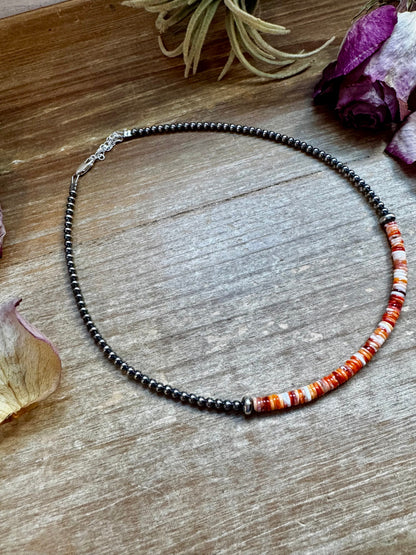 Spiny Oyster Heishi & Sterling Silver Pearl Choker