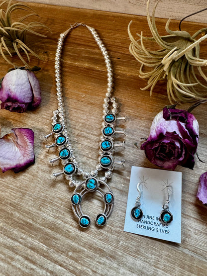 Mini Squash Blossom Necklace & Earrings – Kingman Turquoise – Sterling Silver – Native Made by Lonora Garcia – 17.5"