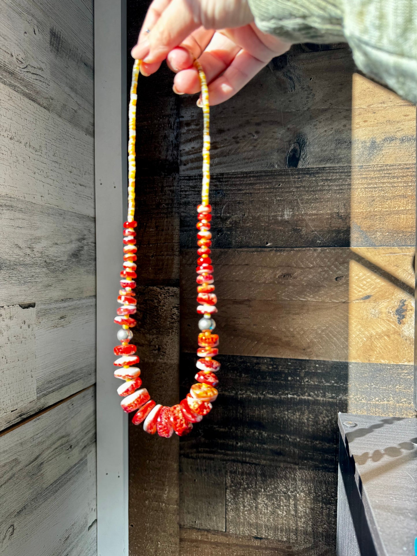 22 Inch red spiny and sterling silver pearls