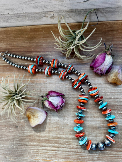 NFR Collection Necklace – Sterling Silver Pearls with Blue Turquoise & Spiny Oyster – Handmade by The Bijoux FAB – 29"