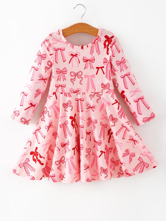 Toddler Girls Valentine Bow Print Long Sleeves Dress