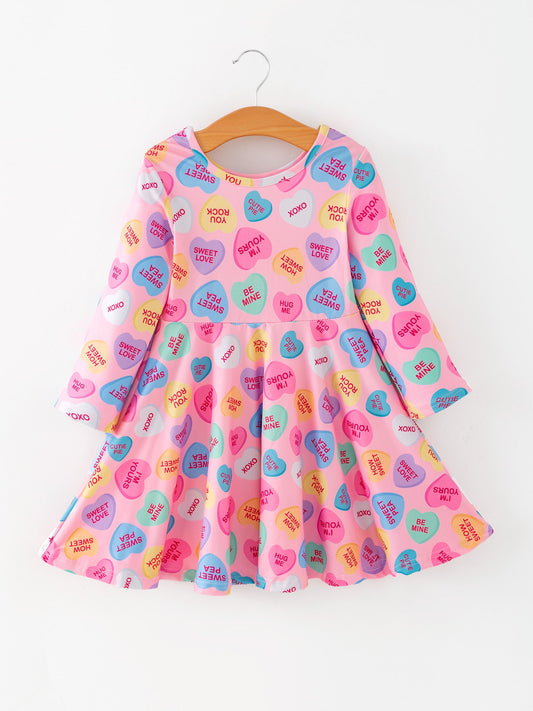 Toddler Girls Valentine Dress – Colorful Candy Heart Print Outfit