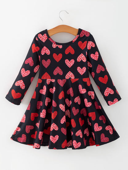 Girls Valentine's Day Black Dress With Leopard Heart Print