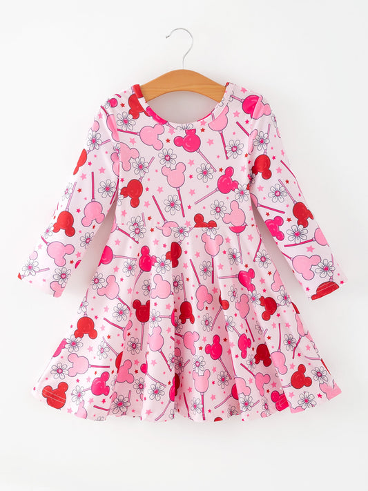 Valentine Dress for Girls – Pink Dress with Daisy & Lollipop Print