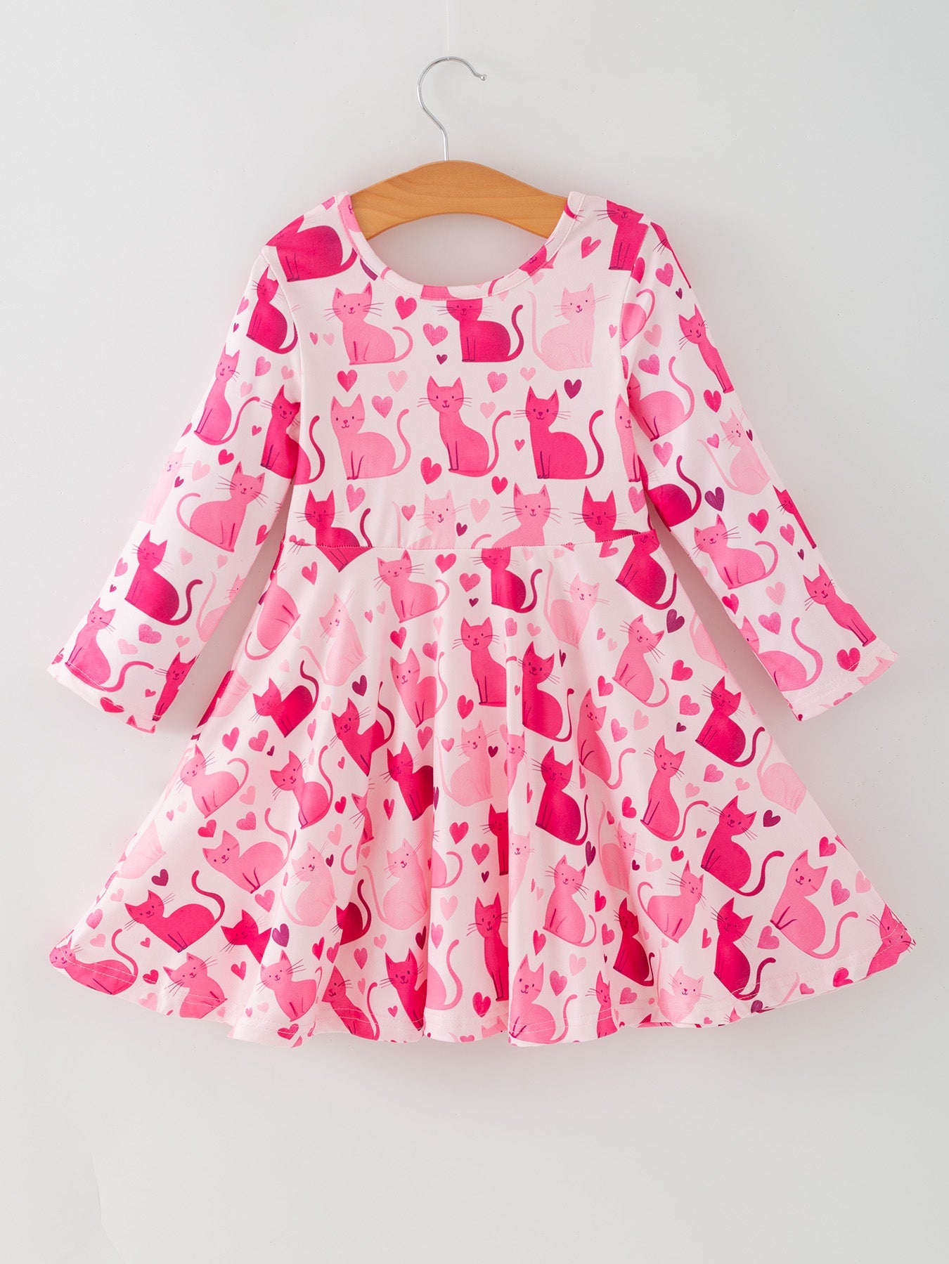 Valentine Toddler Girls Pink Cat Dress – Long Sleeve Heart Print Outfit