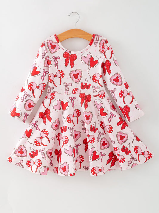 Toddler Girls Valentine Party Dress –Bow Heart Print Outfit