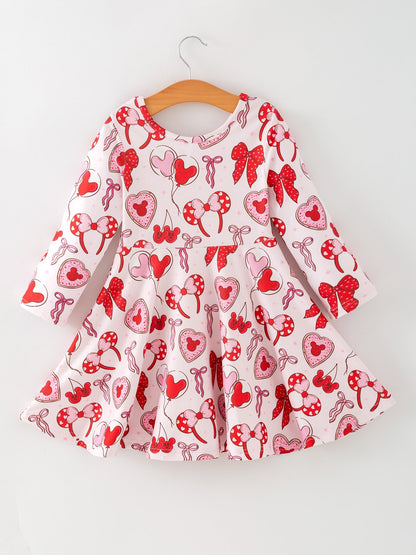 Toddler Girls Valentine Party Dress –Bow Heart Print Outfit