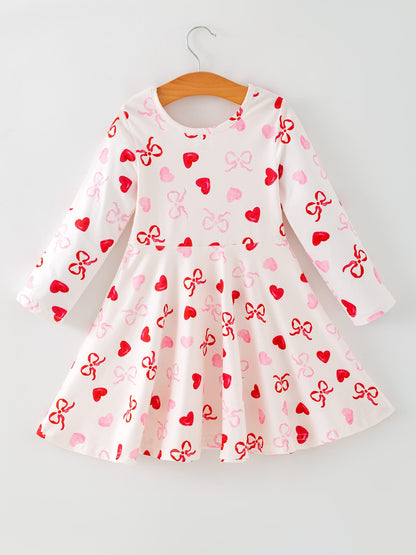 Toddler Girls Valentine Bow Heart Shape Print Dress