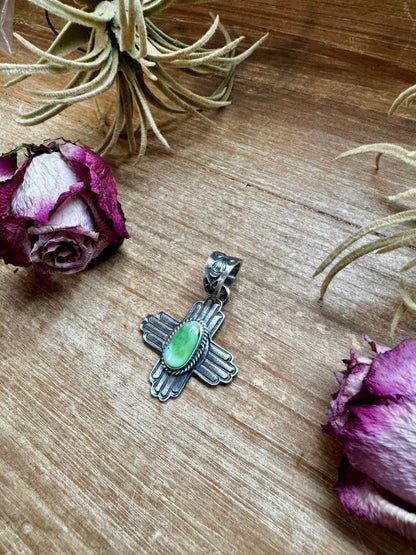 Zia Symbol Pendant with Sonoran Gold Turquoise – Sterling Silver – Native Made by K. Billah – Fits 8mm