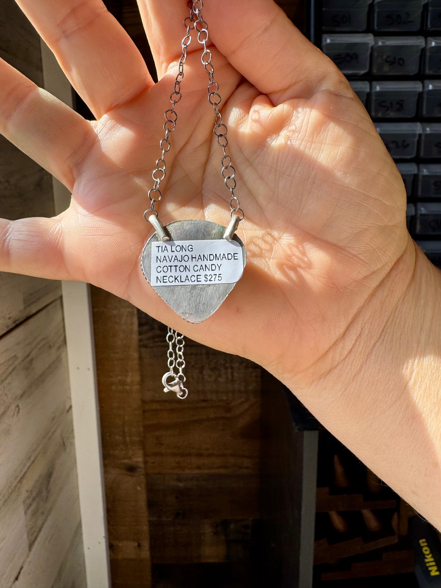 Cotton Candy Turquoise Bar Necklace – Freeform Shape – 18" Sterling Chain – Tia Long, Navajo Handmade