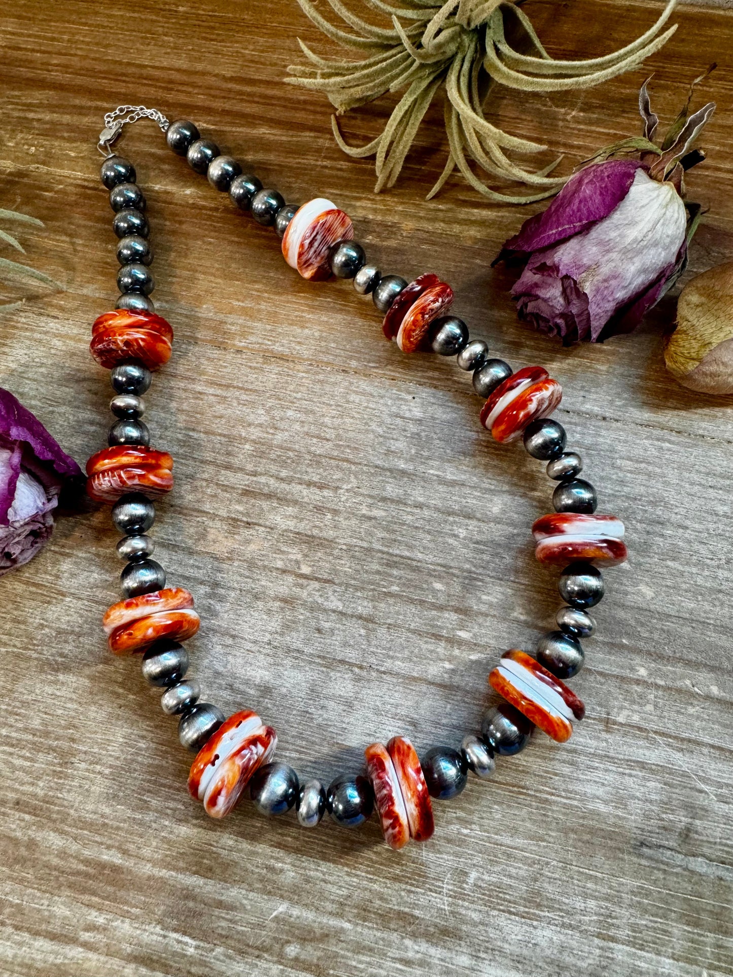 NFR Collection Necklace – 10mm Sterling Silver Pearls with 20mm Red Spiny Oyster – Handmade by The Bijoux FAB – 19"