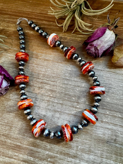 NFR Collection Necklace – 10mm Sterling Silver Pearls with 20mm Red Spiny Oyster – Handmade by The Bijoux FAB – 19"