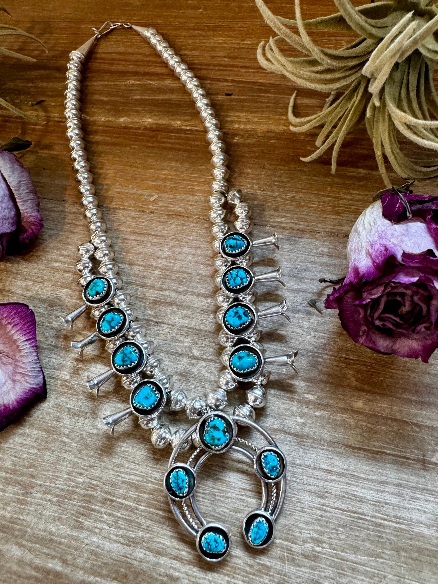 Mini Squash Blossom Necklace & Earrings – Kingman Turquoise – Sterling Silver – Native Made by Lonora Garcia – 17.5"